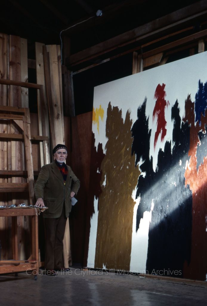 Clyfford Still with PH-1024, 1976. Photographed by Patricia Still. © City and County of Denver, courtesy the Clyfford Still Museum Archives.